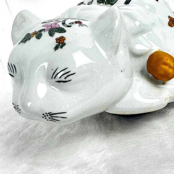 VTG Chinoiserie Sleeping Lucky Cat Figurine Ceramic Hand Painted MCM - Picture 15 of 15